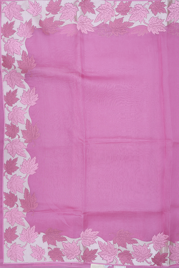 Organza Silk Saree In Pink With Leaf Border
