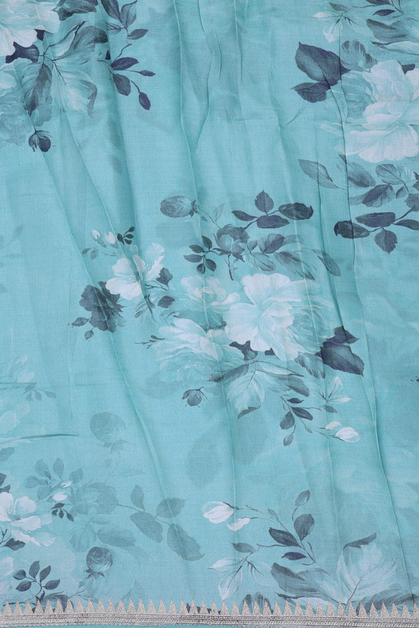 Organza Silk Saree In Turkish Blue With Threadwork Border