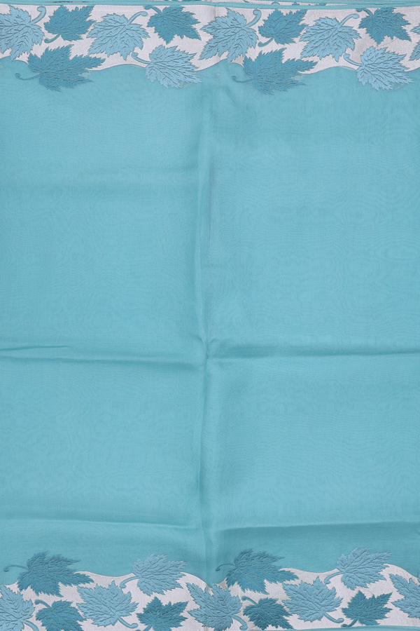 Organza Silk Saree In Turkish Blue With Threadwork Border
