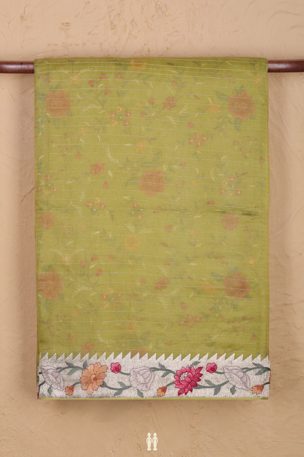 Organza Silk Saree In Olive Green With Stripes Design
