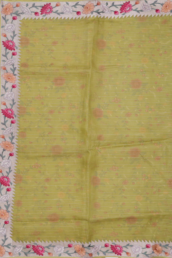 Organza Silk Saree In Olive Green With Stripes Design