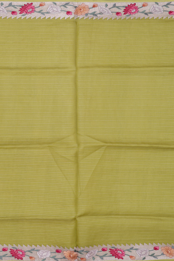 Organza Silk Saree In Olive Green With Stripes Design