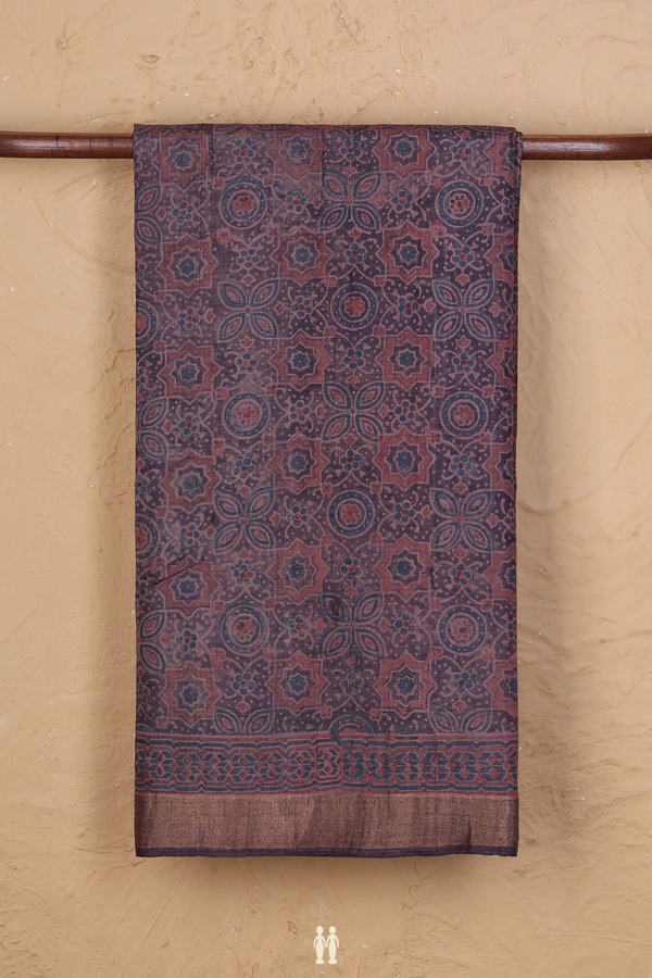 Tussar Silk Saree In Dusty Mauve With Ajrakh Printed Design