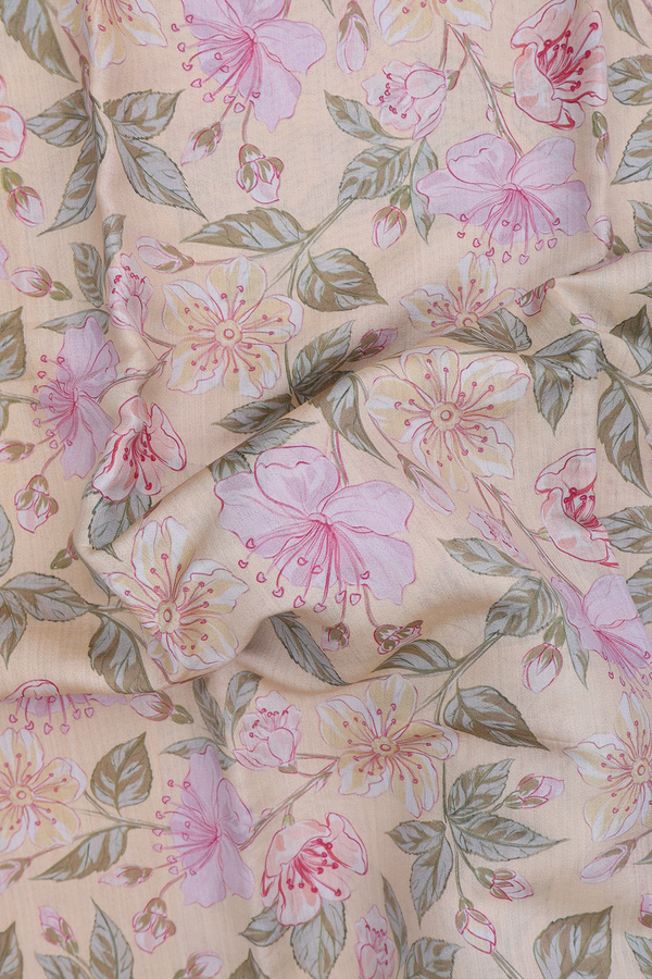 Chanderi Silk Cotton Saree In Light Orange With Floral Design