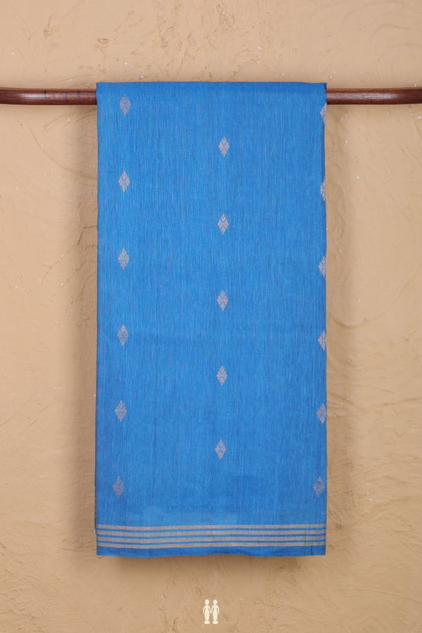 Linen Saree In Cobalt Blue With Zari Buttas