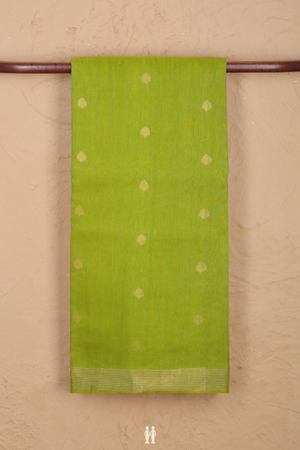 Linen Saree In Lime Green With Zari Buttas