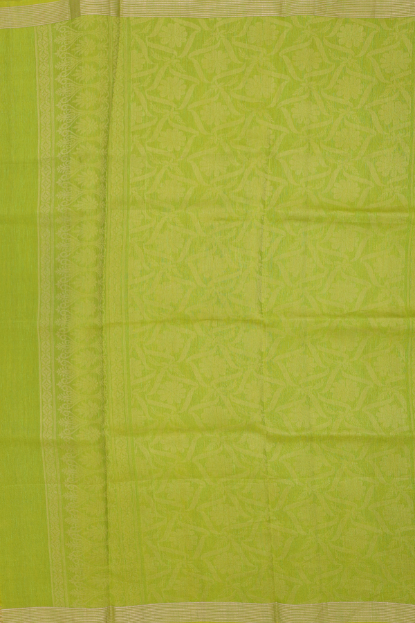 Linen Saree In Lime Green With Zari Buttas