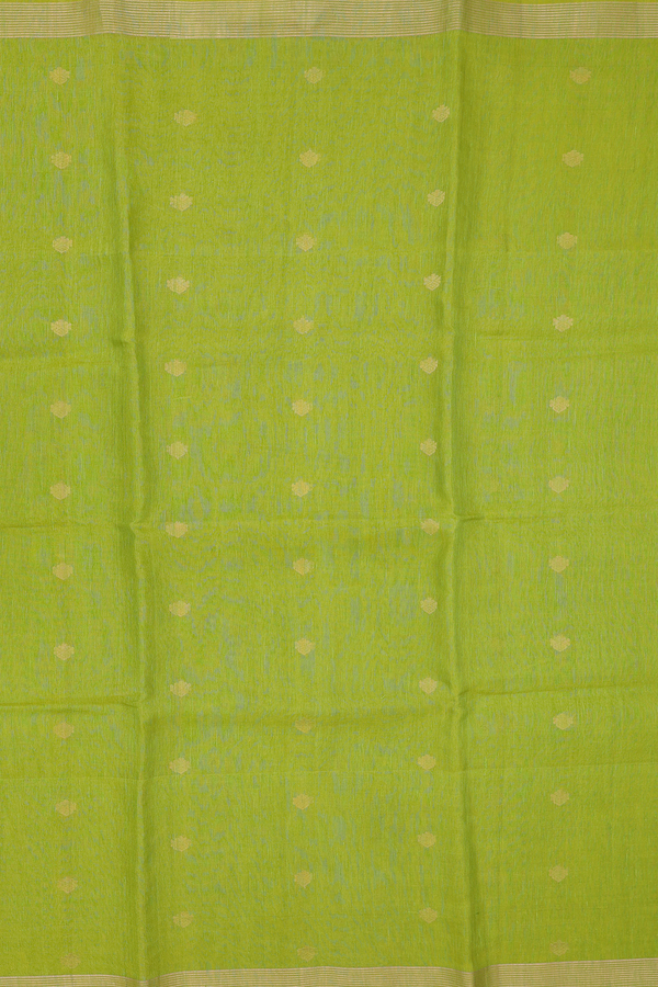 Linen Saree In Lime Green With Zari Buttas