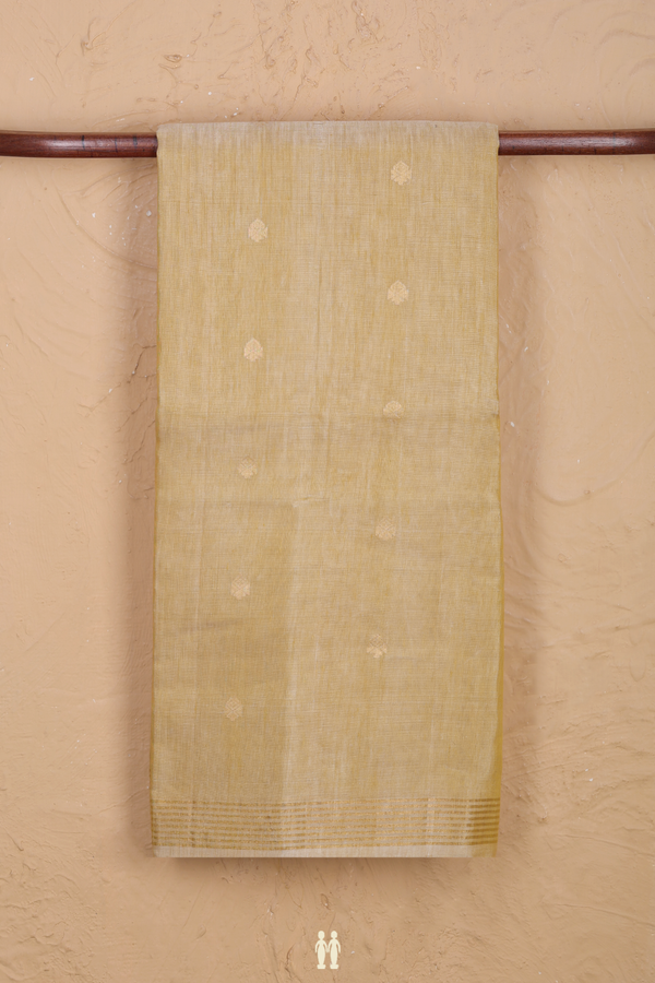 Linen Saree In Brick Yellow With Zari Buttas