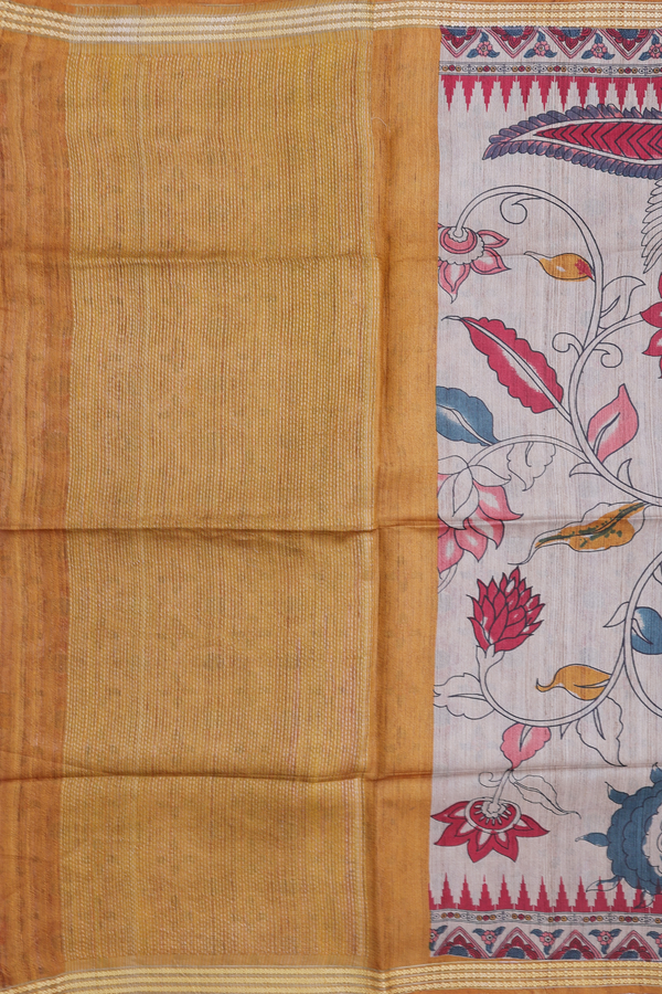 Tussar Silk Saree In Light Brown With Hand Painted Design