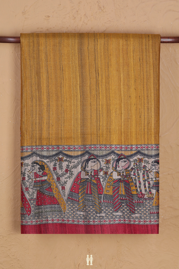 Tussar Silk Saree In Mustard Yellow With Madhunbani Border