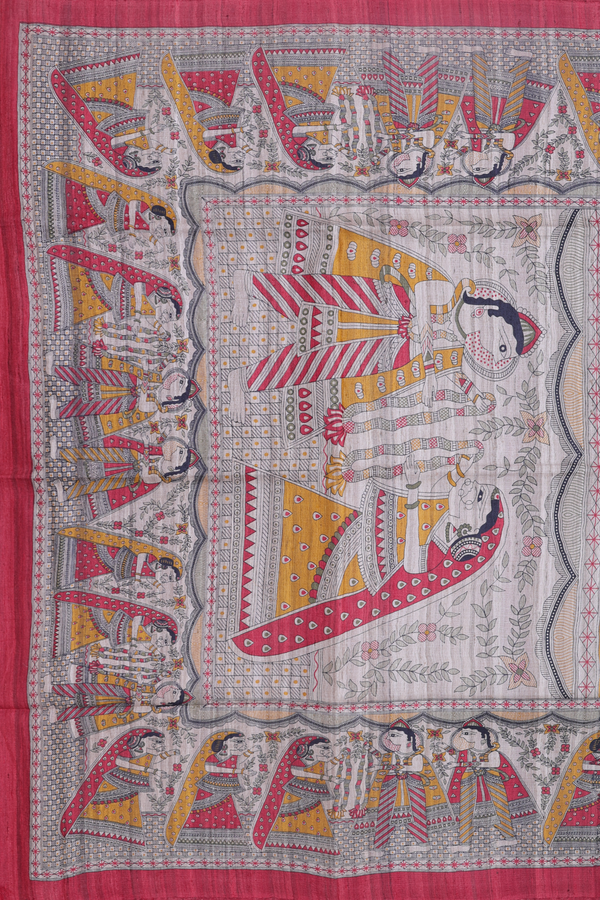 Tussar Silk Saree In Mustard Yellow With Madhunbani Border