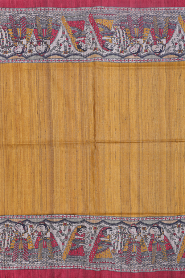 Tussar Silk Saree In Mustard Yellow With Madhunbani Border