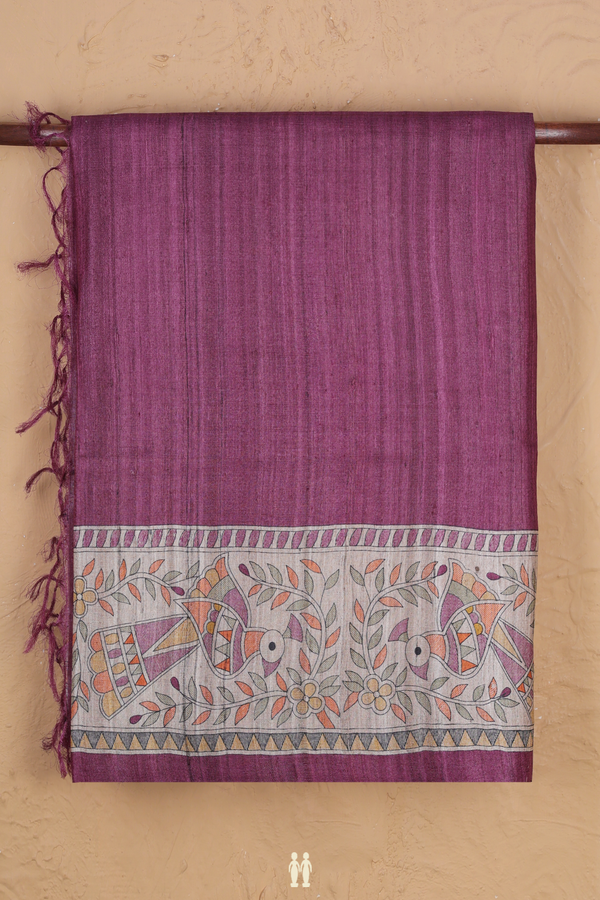 Tussar Silk Saree In Purple With Contrast Border