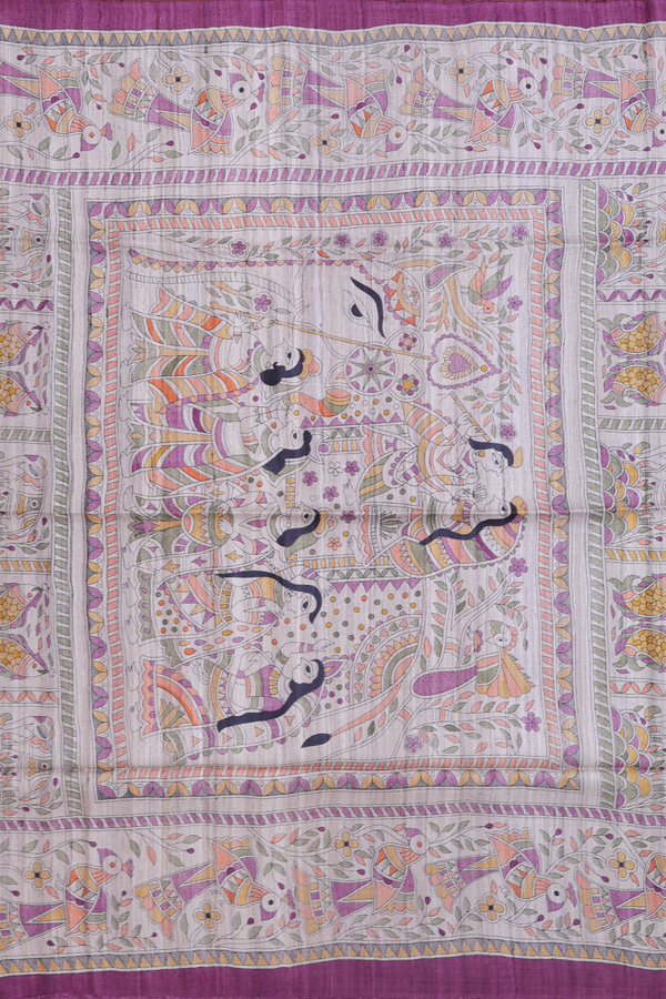 Tussar Silk Saree In Purple With Contrast Border