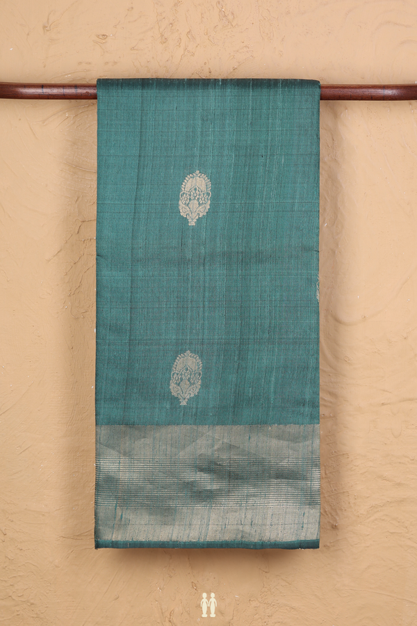 Jute Saree In Turkish Blue With Zari Buttas