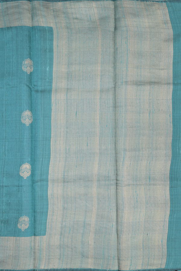 Jute Saree In Turkish Blue With Zari Buttas