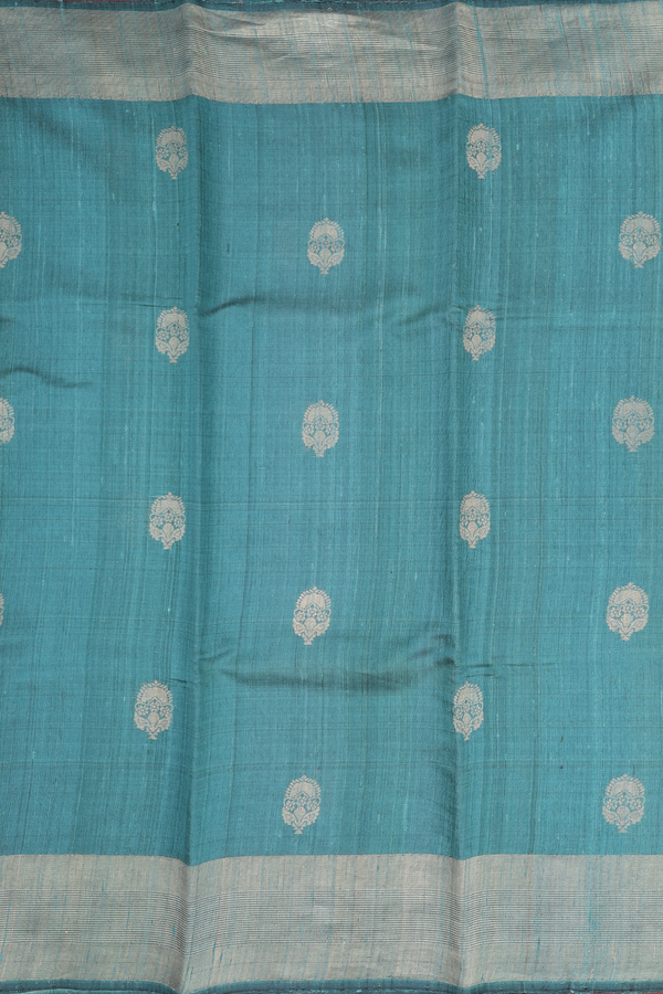 Jute Saree In Turkish Blue With Zari Buttas