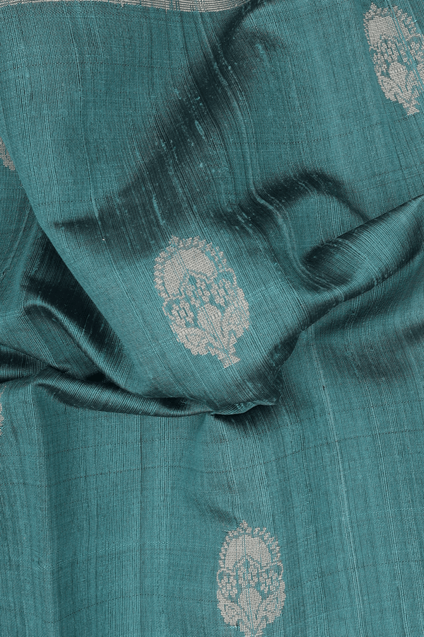 Jute Saree In Turkish Blue With Zari Buttas
