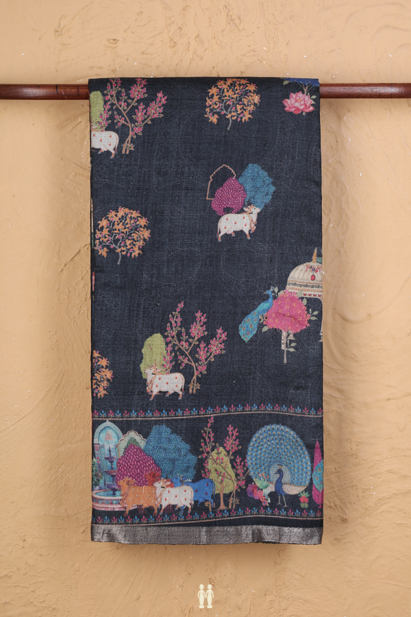 Tussar Silk Saree In Black With Printed Design