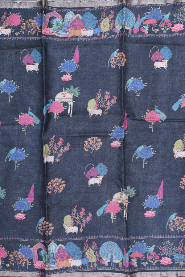 Tussar Silk Saree In Black With Printed Design