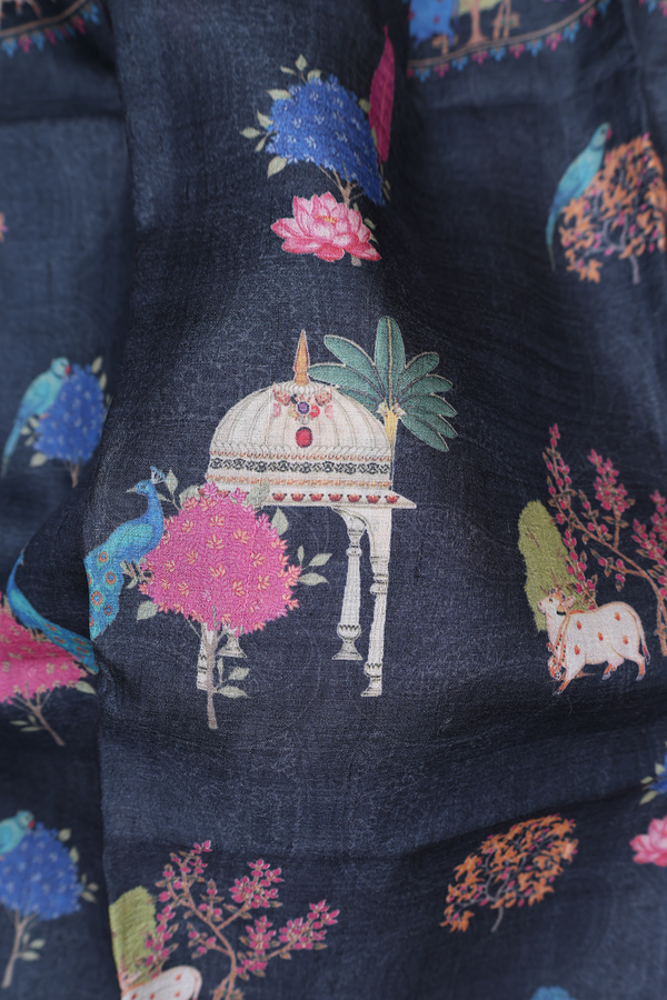 Tussar Silk Saree In Black With Printed Design