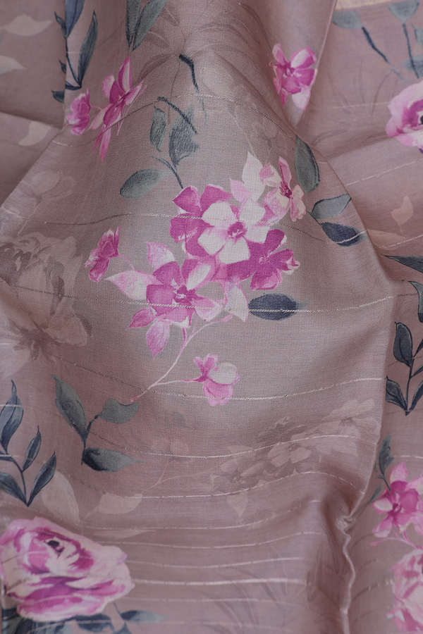 Tussar Silk Saree In Dusty Brown With Floral Design