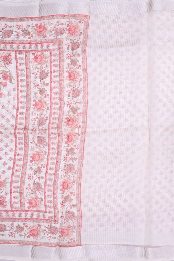 Organza Silk Saree In Off White With Floral Buttas