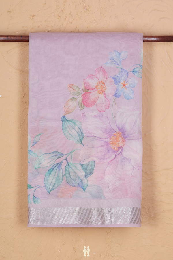 Organza Silk Saree In Lavender With Floral Design