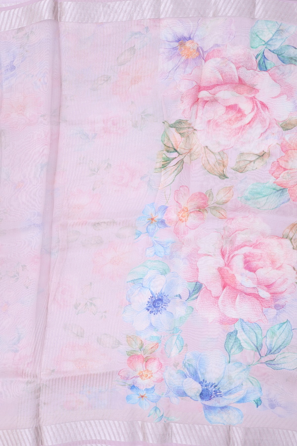 Organza Silk Saree In Lavender With Floral Design