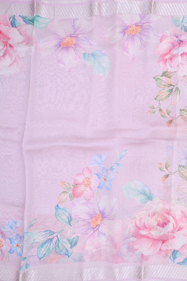 Organza Silk Saree In Lavender With Floral Design