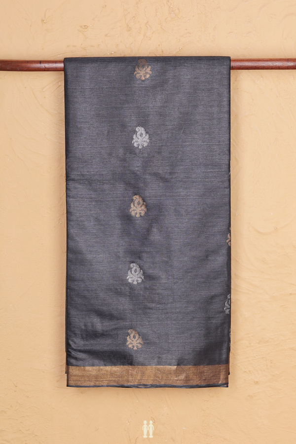 Tussar Silk Saree In Charcoal Grey With Zari Buttas
