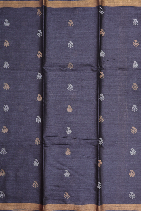 Tussar Silk Saree In Charcoal Grey With Zari Buttas