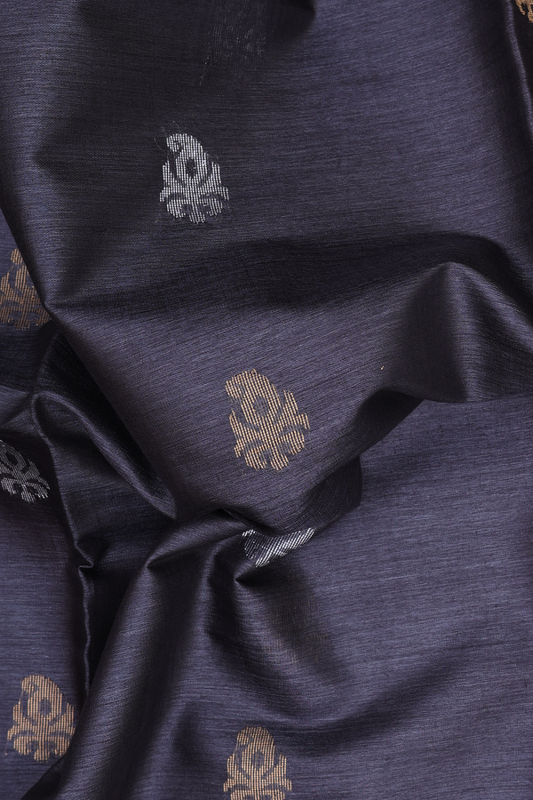 Tussar Silk Saree In Charcoal Grey With Zari Buttas