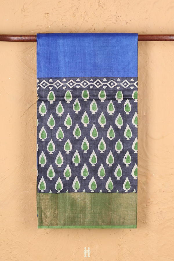 Tussar Silk Saree In Blue With Contrast Border