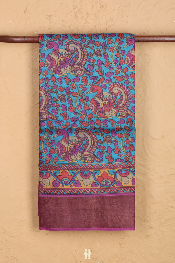Tussar Silk Saree In Deep Sky Blue With Floral Design