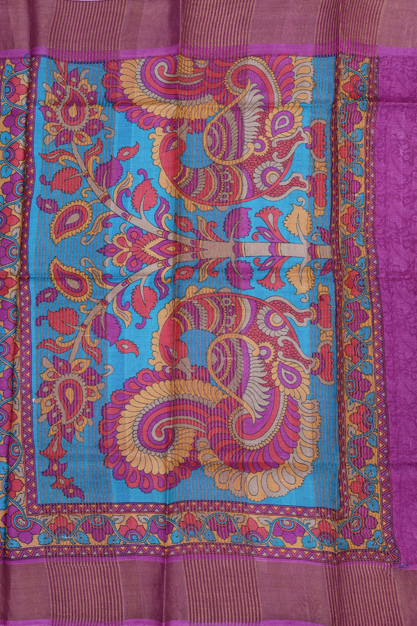 Tussar Silk Saree In Deep Sky Blue With Floral Design