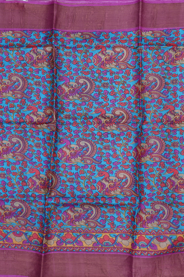 Tussar Silk Saree In Deep Sky Blue With Floral Design