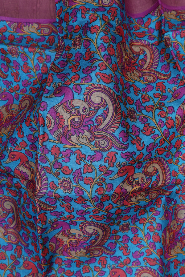 Tussar Silk Saree In Deep Sky Blue With Floral Design