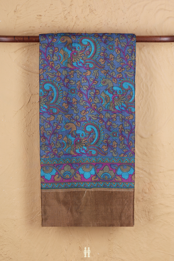 Tussar Silk Saree In Blue With Peacock Printed Design