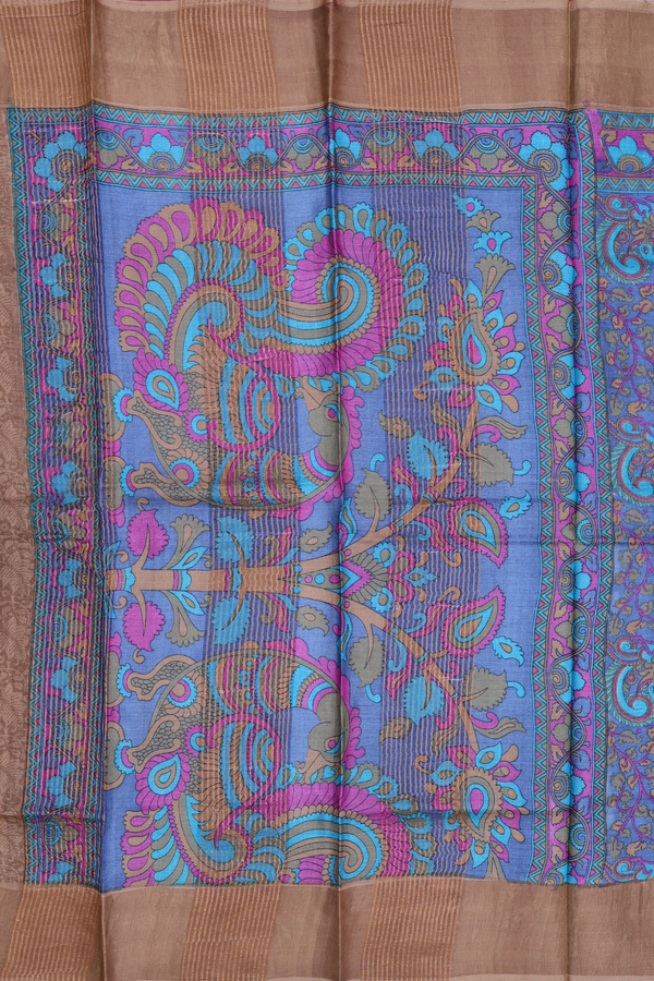 Tussar Silk Saree In Blue With Peacock Printed Design