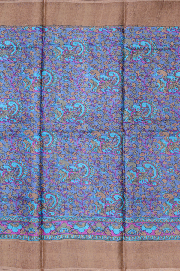 Tussar Silk Saree In Blue With Peacock Printed Design