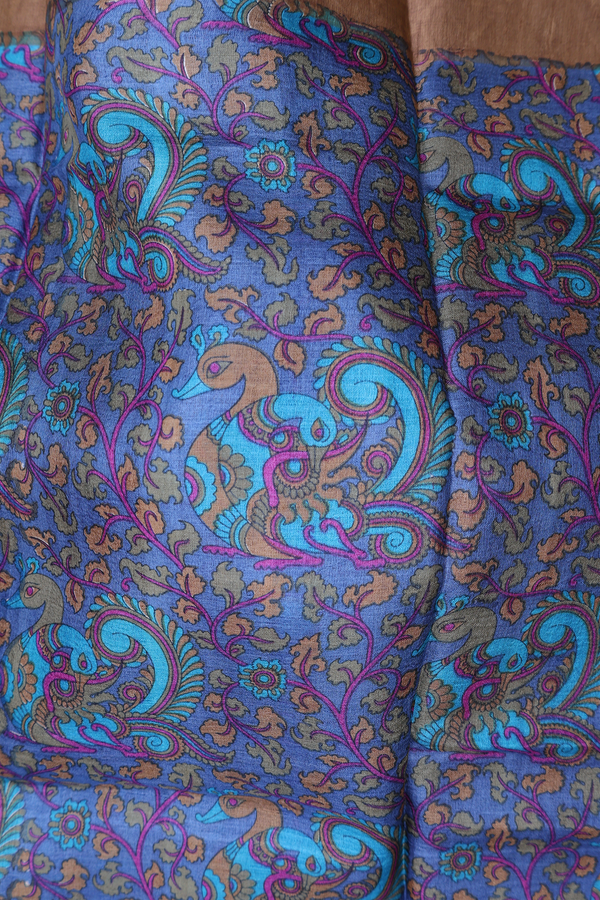 Tussar Silk Saree In Blue With Peacock Printed Design