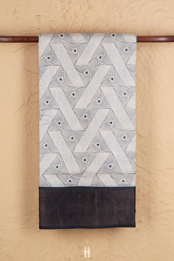 Tussar Silk Saree In Cream Color With Geometric Design