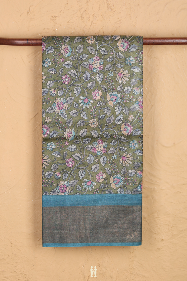 Tussar Silk Saree In Mehendi Green With Floral Design