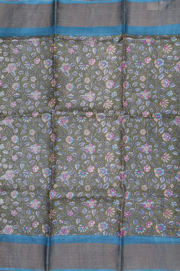Tussar Silk Saree In Mehendi Green With Floral Design
