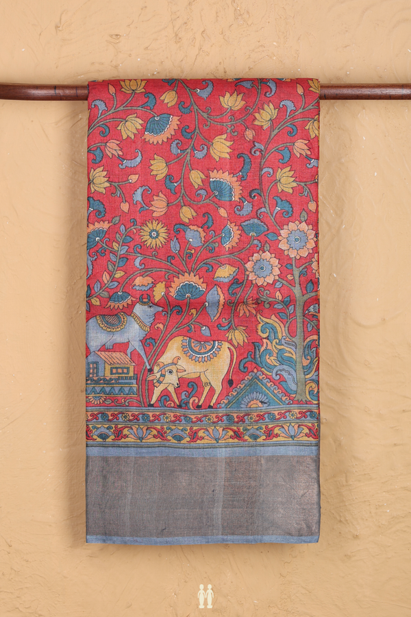 Tussar Silk Saree In Red With Floral Design