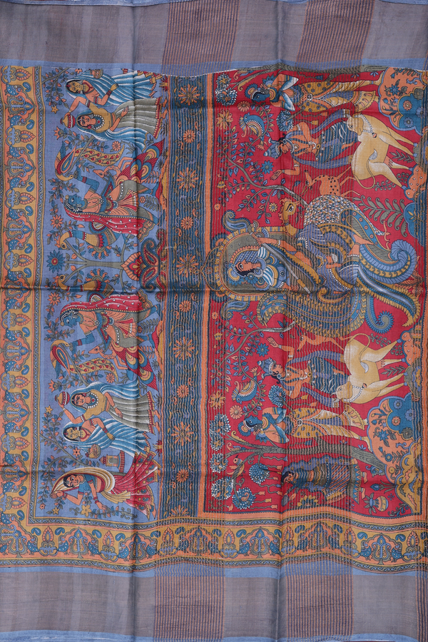 Tussar Silk Saree In Red With Floral Design