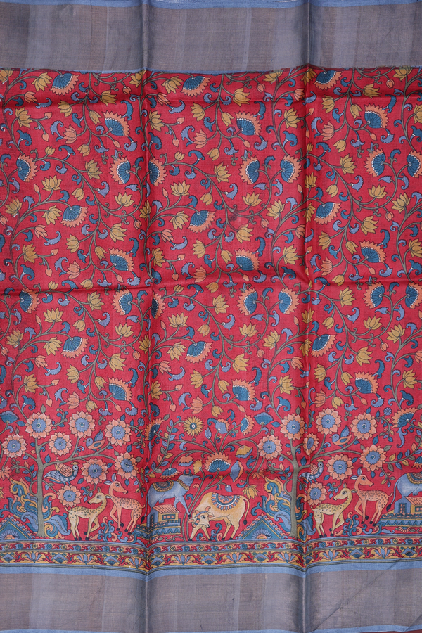 Tussar Silk Saree In Red With Floral Design