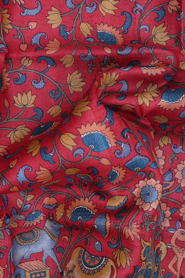 Tussar Silk Saree In Red With Floral Design
